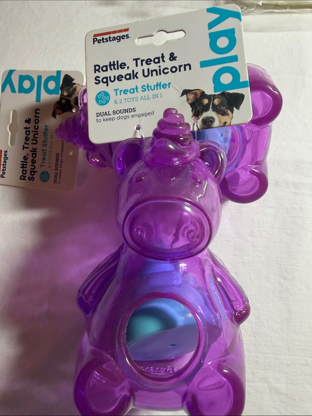 Purple Unicorn Rattle, Treat & Squeak Dog Toy
